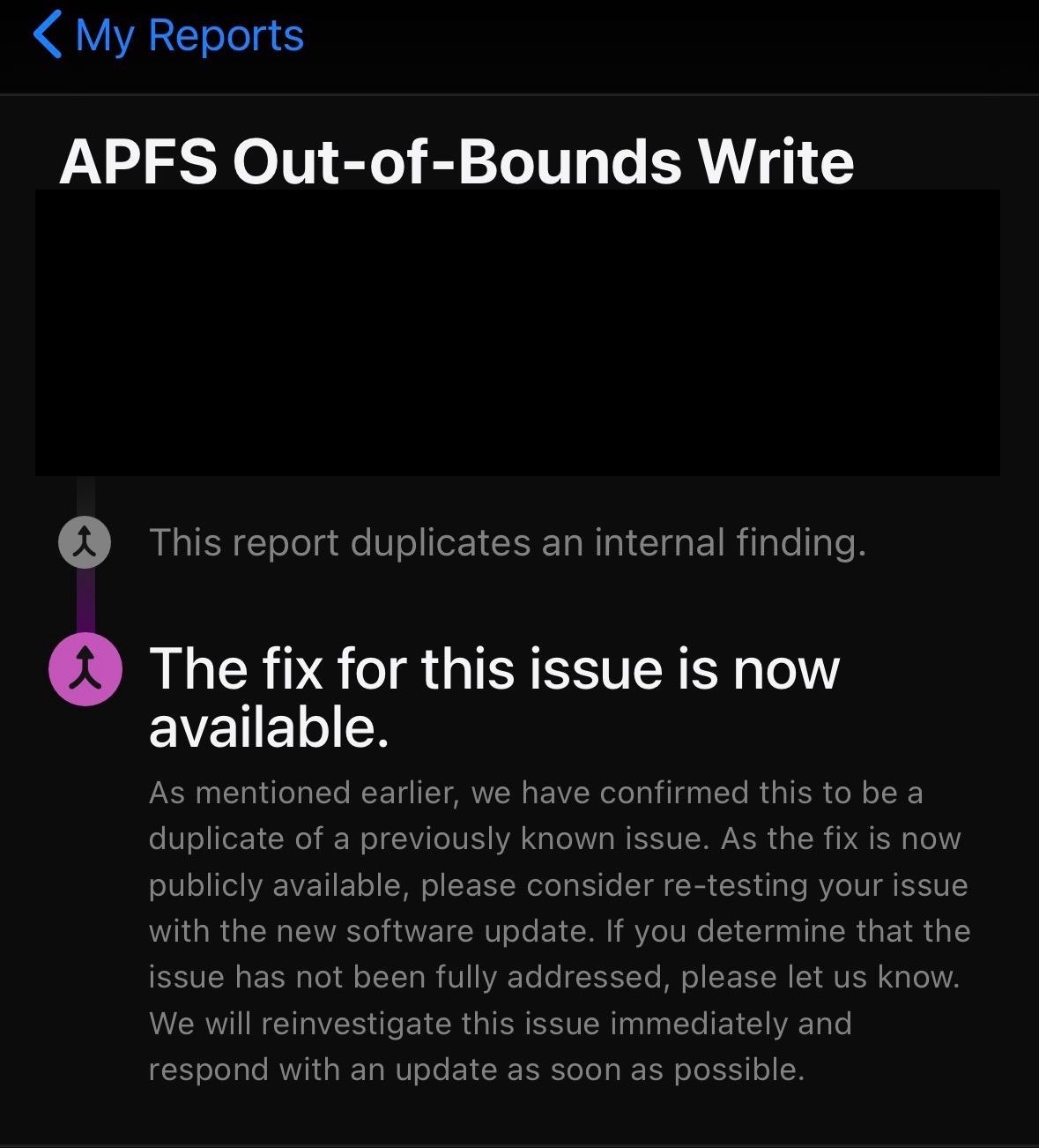 Apple Security Research report showing an internal duplicate and an available fix