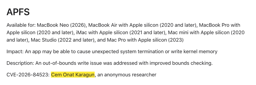 Apple APFS advisory credit for CVE-2026-84523
