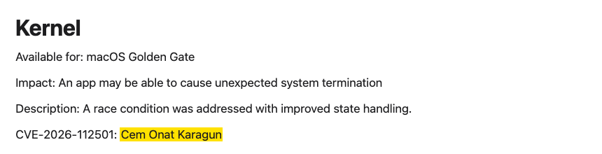 Apple Kernel advisory credit for CVE-2026-112501