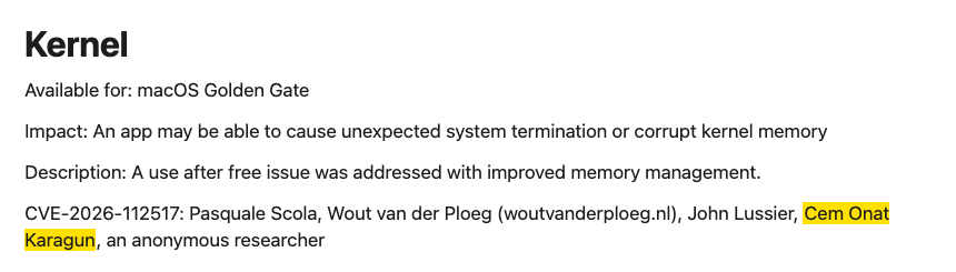Apple Kernel advisory credit for CVE-2026-112517
