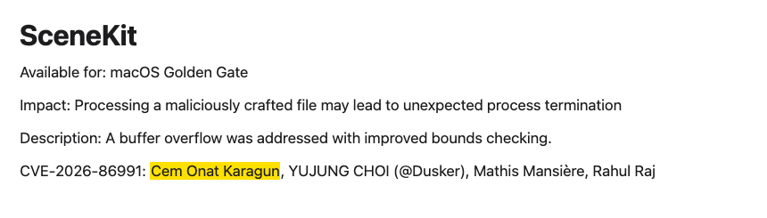 Apple SceneKit advisory credit for CVE-2026-86991