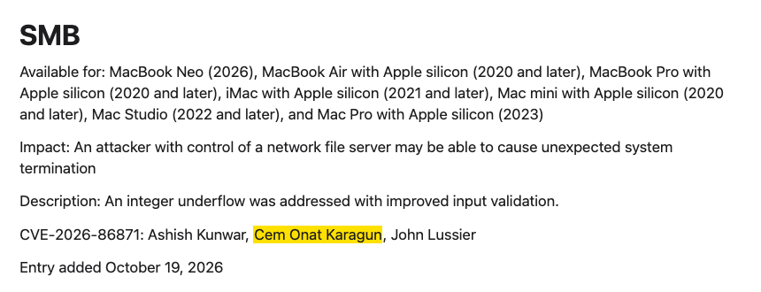 Apple SMB advisory credit for CVE-2026-86871